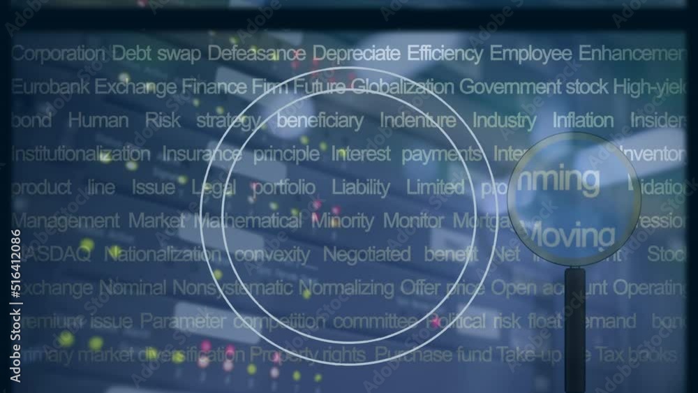 Poster animation of magnifying glass over business text and data processing