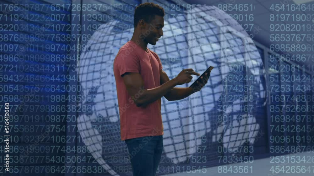 Poster animation of african american man using laptop over globe, computer servers and data processing