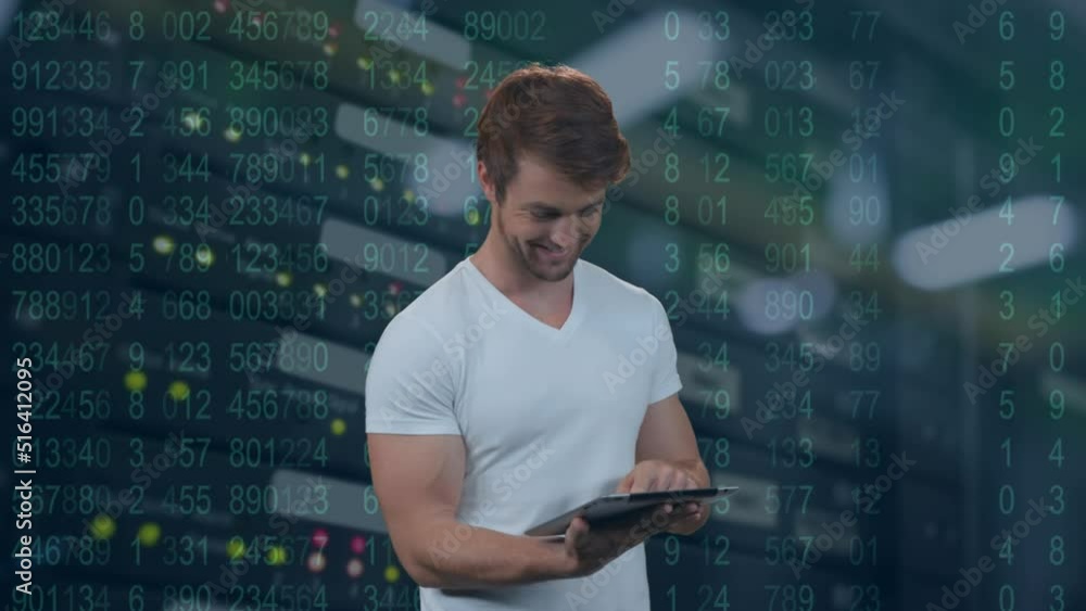 Poster animation of caucasian man using tablet over financial data processing