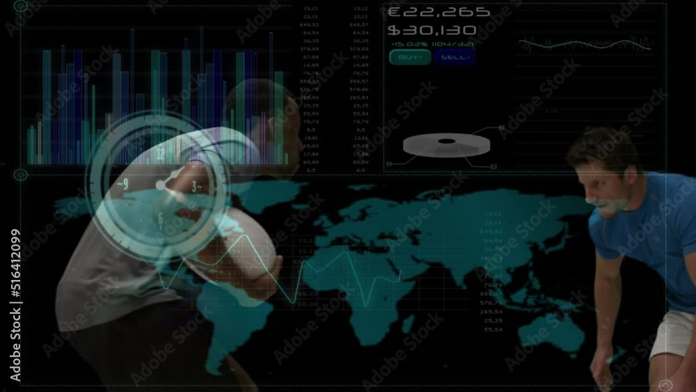 Aufkleber animation of data processing and world map over diverse rugby players