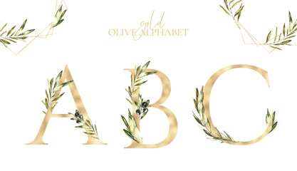 Watercolor gold Olive Floral Alphabet letters A,B,C with leaves. Greenery elegant botanical set decor for baby shower, Monogram initials for wedding invite, logo, frame art, poster, new baby name,diy