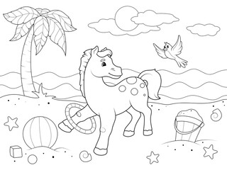 Pony plays on the beach with a hula hoop. The nature of the sea coast. Children coloring book, raster.