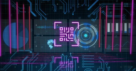 Animation of qr code glowing over data processing on screens - Powered by Adobe