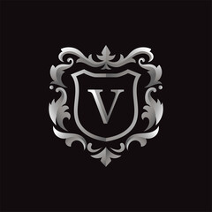 silver or gray with badge initial letter v luxury vector image