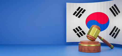 3D render Flag of South Korea and gavel with copy space banner background illustration