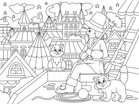 Chimney sweep at work. City, roofs of city houses and a cat. Children coloring book, black outline, white background.