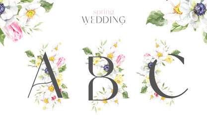Watercolor Grey Spring Floral Alphabet letters A,B,C with flowers. Easter botanical Floral letters set element for baby shower invite, Monogram for wedding, logo, frame art, poster, new baby name