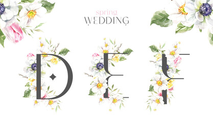 Watercolor Grey Spring Floral Alphabet letters D,E,F with flowers. Easter botanical Floral letters set element for baby shower invite, Monogram for wedding, logo, frame art, poster, new baby name