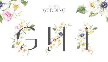 Watercolor Grey Spring Floral Alphabet letters G,H,I with flowers. Easter botanical Floral letters set element for baby shower invite, Monogram for wedding, logo, frame art, poster, new baby name