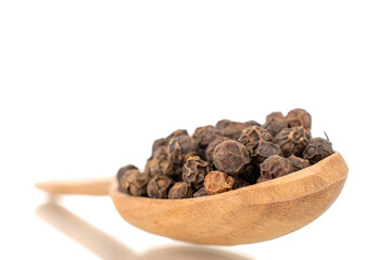Dry fragrant black pepper in a wooden spoon, close-up, isolated on a white background.