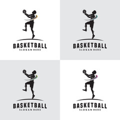 Set of basketball slam dunk flame silhouette logo design