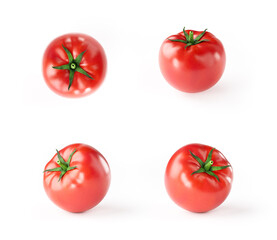 Set of four red ripe tomato isolated on white shoot at different angle views