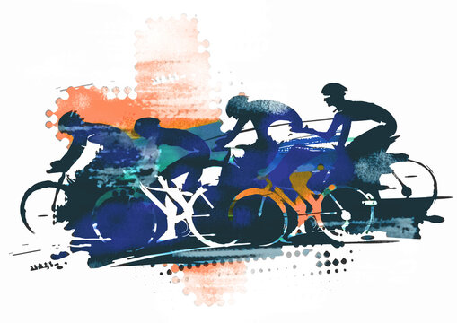 Cycling race, MTB cycling. Expressive stylized blurred drawing of a group of cyclists at full speed. Imitation of watercolor painting.