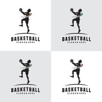 Set of basketball slam dunk flame silhouette logo design