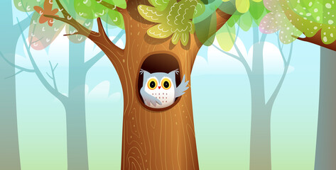 Forest or jungle tree with owl sitting in hollow and greeting, wallpaper illustration for children. Illustrated woods scene, with big thick trunk in the middle. Vector horizontal background for kids. © Popmarleo