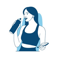flat style vector illustration beautiful Girl drinks water after workout and holding phone