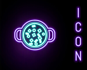 Glowing neon line Cooking soup in pot icon isolated on black background. Boil or stew food symbol. Colorful outline concept. Vector
