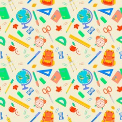 Back to school Seamless pattern with ruler, alarm, eraser, backpack, sharpener, globe, apple. Vector flat illustration for teenagers or children.