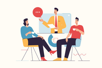 Vector illustration depicting a group of people having an ounline business meeting and drink coffee