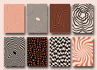 Vector set of Groovy hippie 70s backgrounds. Checkerboard, chessboard, mesh, waves patterns. Twisted and distorted vector texture in trendy retro psychedelic style. Y2k aesthetic.