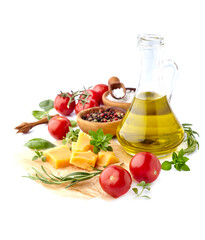 Fresh tomatoes with basil leaves, rosemary,  pepper, olive oil and cheese  isolated on white background. Ripe tomatoes with spices.