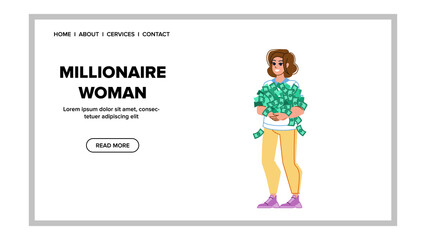 millionaire woman vector. business people, young girl, luxury travel lifestyle millionaire woman web flat cartoon illustration