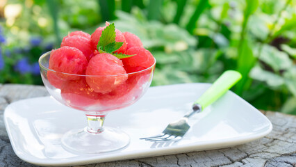 Watermelon dessert on the table in the garden
