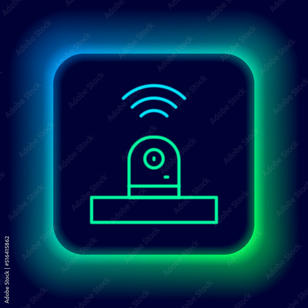 Poster glowing neon line smart security camera icon isolated on black background. internet of things concep