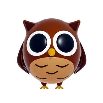 Cartoon plastic brown cute owl with big eyes isolated on a white background, 3d illustration