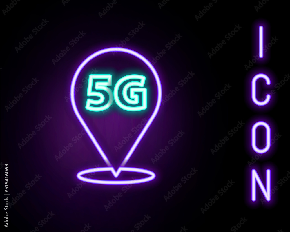 Poster glowing neon line location 5g new wireless internet wifi connection icon isolated on black backgroun