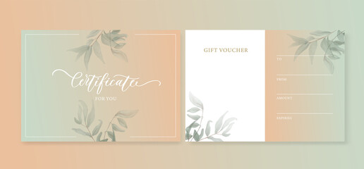 Elegant gift certificate with watercolor greenery leaves. The template can be used for spa, cosmetic, beauty, restaurant.