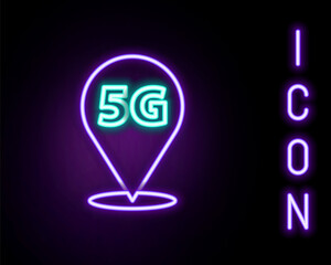 Glowing neon line Location 5G new wireless internet wifi connection icon isolated on black background. Global network high speed connection data rate technology. Colorful outline concept. Vector