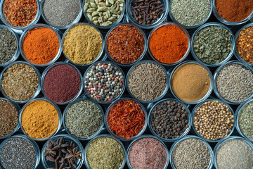 Assortment of aromatic spices, seeds and dry herbs for cooking food