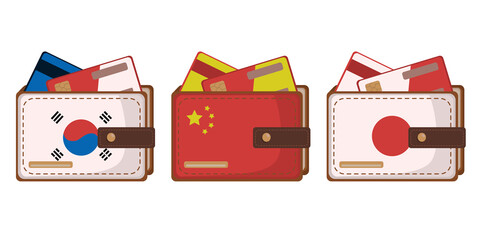 Set of wallets with the flag of asian country (japan, china, south korea) in flay style. Isolated on a white background. Vector image
