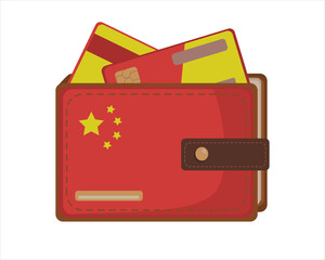 Leather Wallet Isolated with Chinese flag and credit card on White in flat style. Vector image