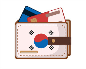 Leather Wallet Isolated with Korean flag and credit card on White in flat style. Vector image