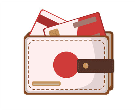 Leather Wallet Isolated with Japanese flag and credit card on White in flat style. Vector image