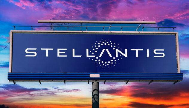 Advertisement billboard displaying logo of Stellantis