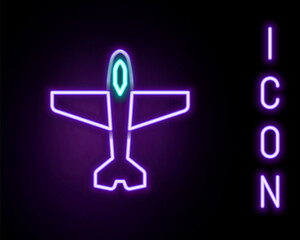 Glowing neon line Plane icon isolated on black background. Flying airplane icon. Airliner sign. Colorful outline concept. Vector