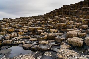 view of the many volcanic basalt columns of the Giant's Causeway in Northern Ireland