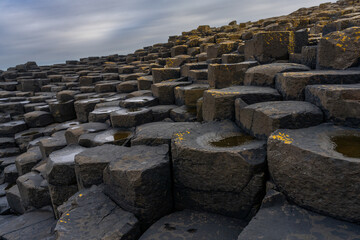 view of the many volcanic basalt columns of the Giant's Causeway in Northern Ireland