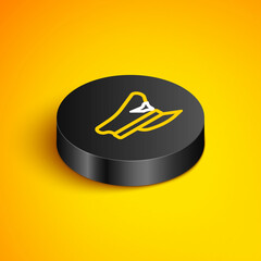 Isometric line Pilot hat icon isolated on yellow background. Black circle button. Vector