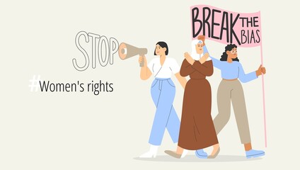 Break the bias. Flat vector illustration with group of women of different nationalities stand up for women's rights. Concept of gender equal. International women's day or women's history month.