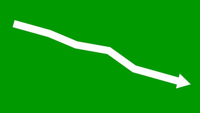 Animated white arrow. Recession chart of economy. Economic crisis, recession, decrease graph. Profit down. Vector illustration isolated on green background.