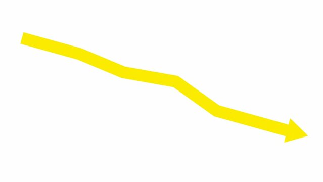 Animated yellow arrow. Recession chart of economy. Economic crisis, recession, decrease graph. Profit down. Vector illustration isolated on white background.