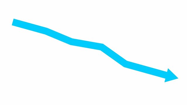 Animated blue arrow. Recession chart of economy. Economic crisis, recession, decrease graph. Profit down. Vector illustration isolated on white background.
