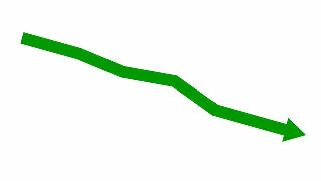 Animated green arrow. Recession chart of economy. Economic crisis, recession, decrease graph. Profit down. Vector illustration isolated on white background.