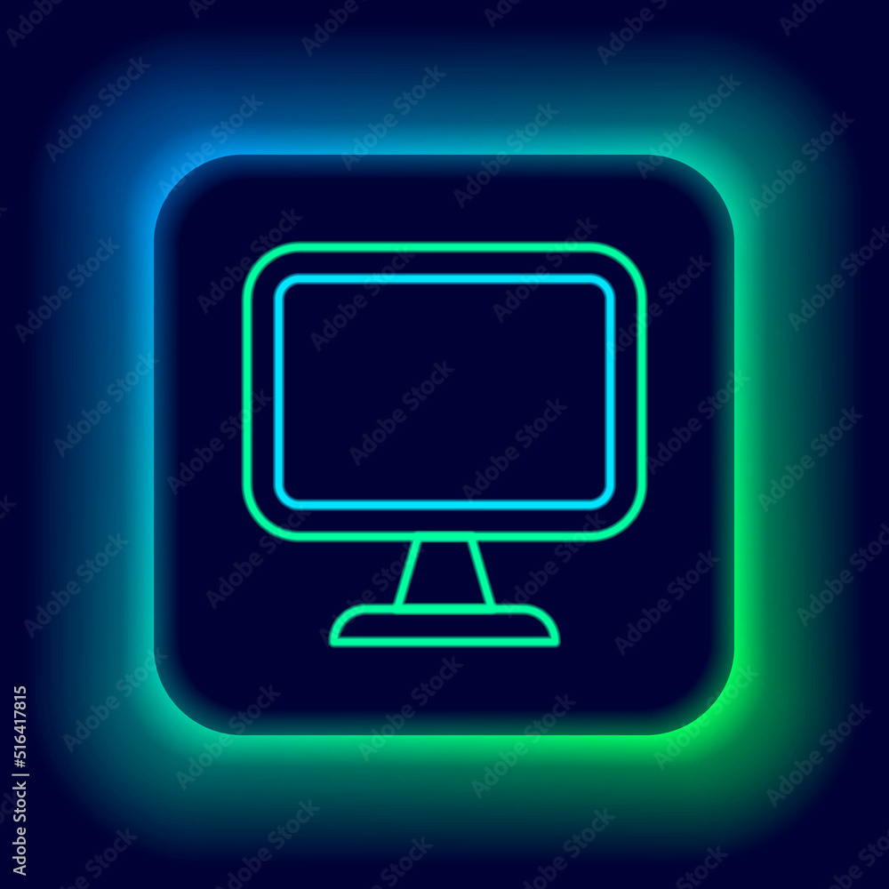 Poster glowing neon line computer monitor screen icon isolated on black background. electronic device. fron