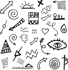 Hand-drawn abstract. Doodle. Pointers. Arrows. Figures. Puzzle. Set of different abstract hand drawn signs. Fantasy abstraction. Elements on a white background.