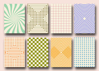Vector set of Groovy hippie 70s backgrounds. Checkerboard, chessboard, mesh, waves patterns. Twisted and distorted vector texture in trendy retro psychedelic style. Y2k aesthetic.